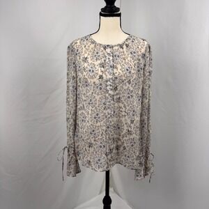 Derek Lam 10 Crosby Blouse Womens 10 Cream 100% Silk Floral Tie Cuff Long Sleeve